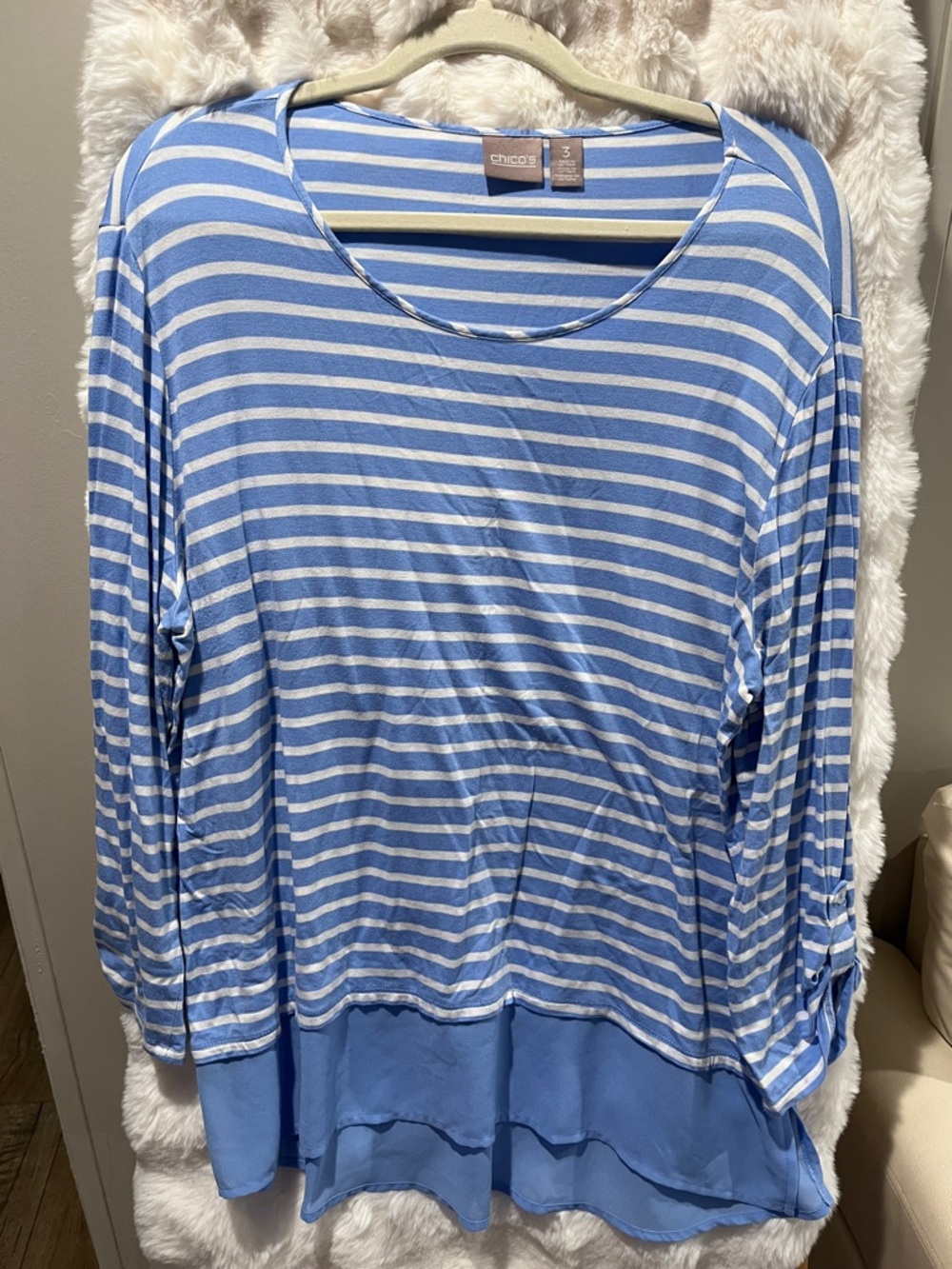Chico's Light Blue & White Striped Long Sleeve Layered-Hem Top